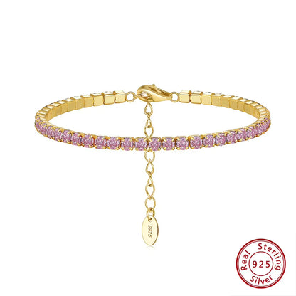 Fashion 3mm Bezel Setting Colorful 4A Cubic Zirconia Tennis 925 Sterling Silver Adjustable Bracelet for Women SB192