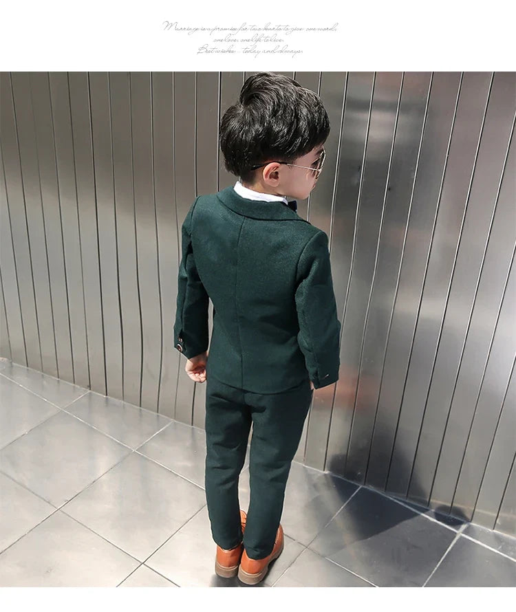 Boys Dark Green Formal Wedding Party Suit Children Blazer Vest Pants Tie 4 PCS Tuxedo Kids Performance Photography Dress Costume