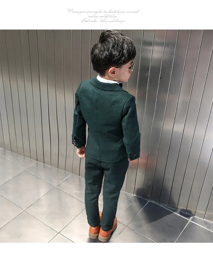 Boys Dark Green Formal Wedding Party Suit Children Blazer Vest Pants Tie 4 PCS Tuxedo Kids Performance Photography Dress Costume