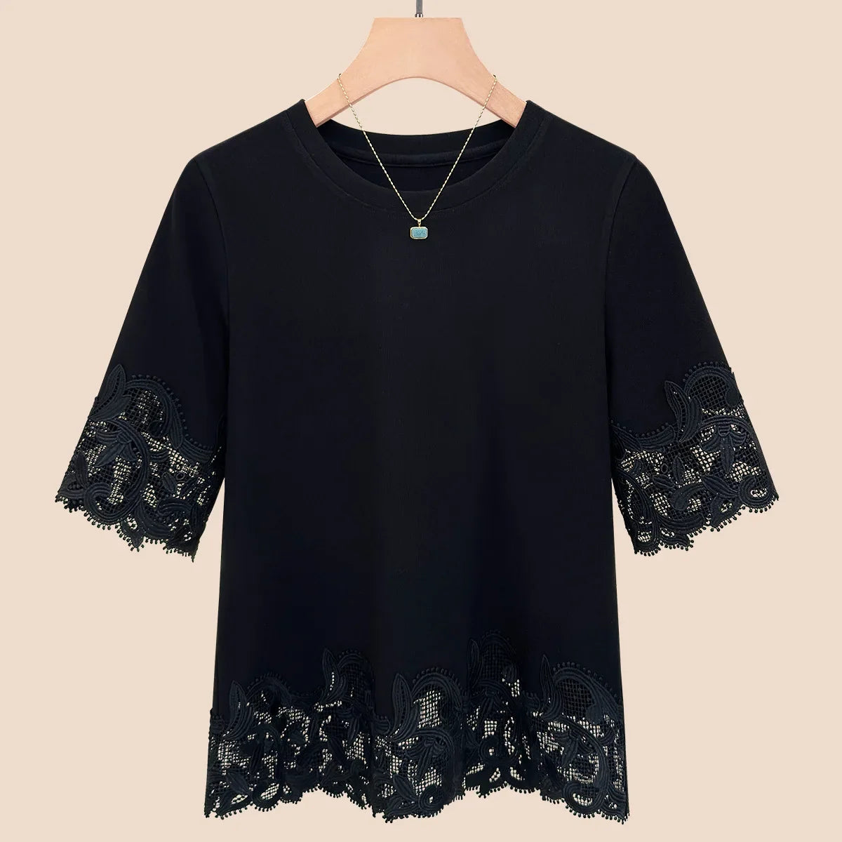 Women's Lace Trim Round Neck Short Sleeve T-Shirt 2025 Summer Slim Fit Casual Minimalist Solid Color Versatile Top