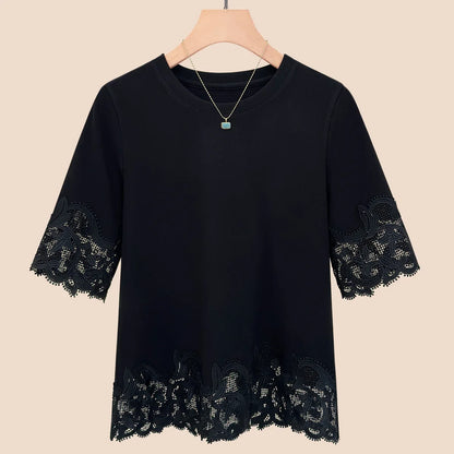Women's Lace Trim Round Neck Short Sleeve T-Shirt 2025 Summer Slim Fit Casual Minimalist Solid Color Versatile Top