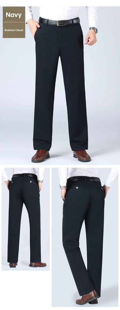 Men's Office Business 100% Cotton Pants Summer Thin & Autumn Thick High Waist Straight Loose Solid Bland Suit Slacks GOZBKF