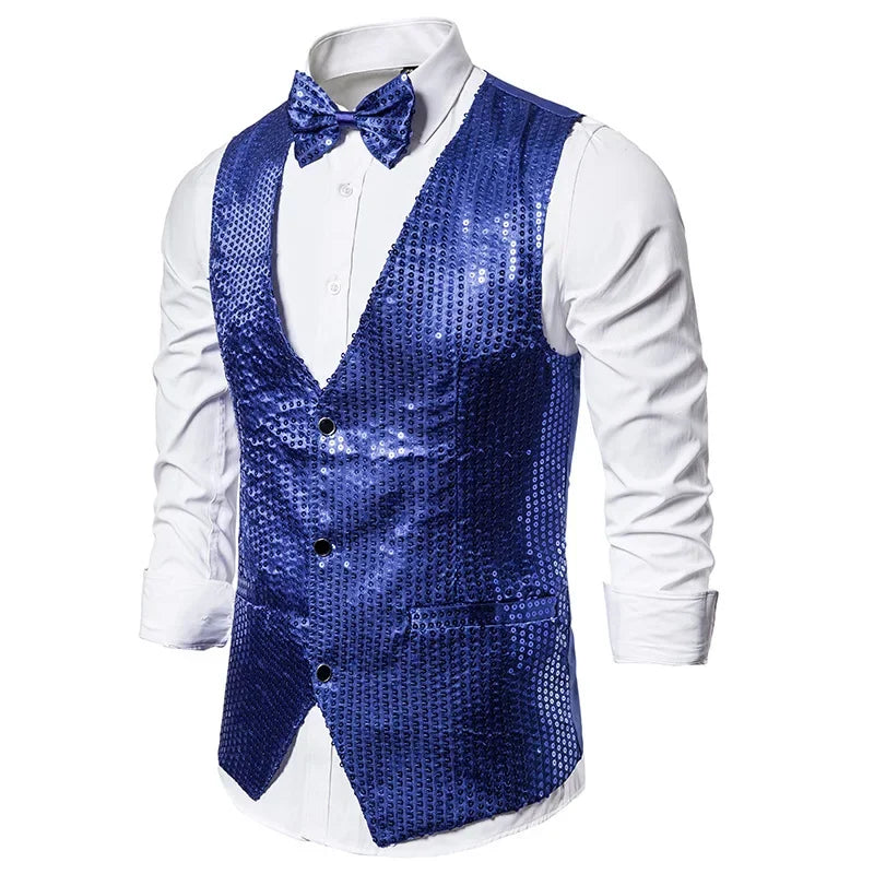 New Gold Sequin Vest Men's Single-breasted V-neck Sleeveless Vests Coat Wedding Party Waistcoat Silver Blue Purple Red Tops