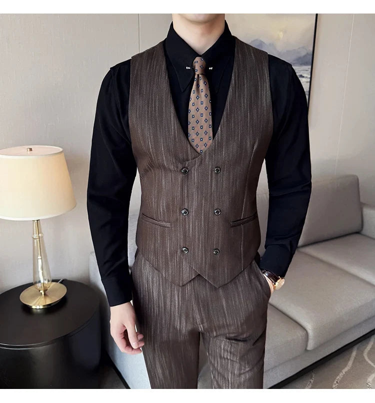 ( Vest + Pants) Double-breasted Striped With Pants Men Business Slim Fit Suit Vest 2 pieces Formal Groom Wedding Dress Vest
