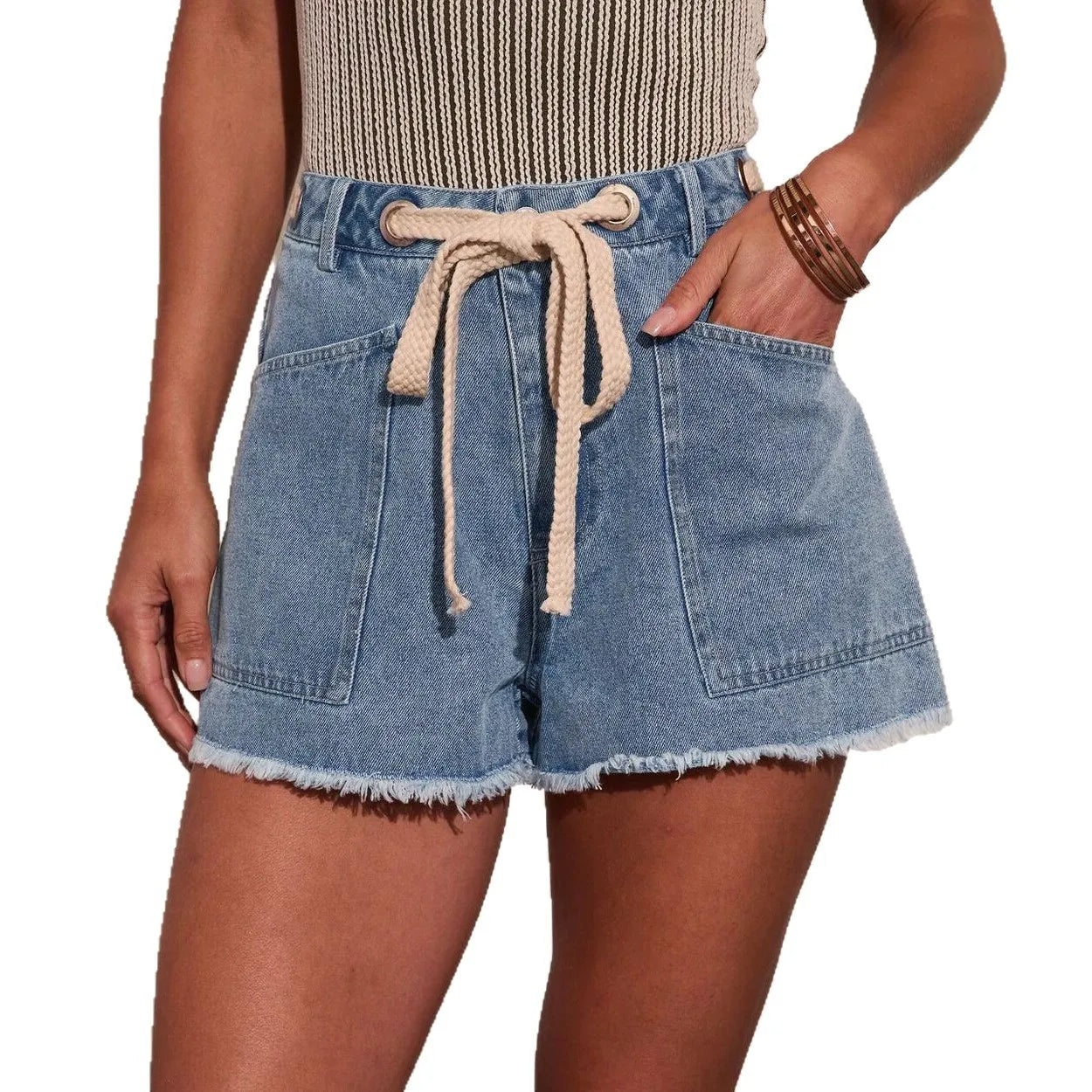 Women's High Waist Denim Shorts with Drawstring Front Pockets Frayed Hem Summer Casual Jeans Shorts