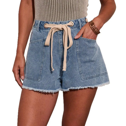 Women's High Waist Denim Shorts with Drawstring Front Pockets Frayed Hem Summer Casual Jeans Shorts