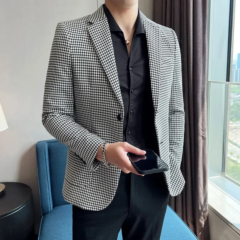 2025 Spring Men's Plaid Suit Jacket Korean Luxury Business Slim Fit Social Suit Jacket Formal Social Party Wedding Prom Tuxedo