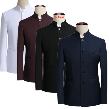 2026 New Men's Stand Collar Long Sleeve Suit Jacket, Asian Size Chinese-Style Slim-Fit Blazer in Dark Blue/Red/Grey/Black/White