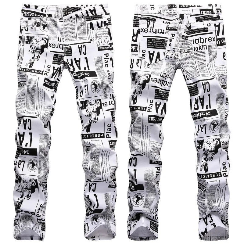 2026 Street Style Men’s Slim Stretch Jeans Trend Newspaper Full Print Personalized Stylish Sexy Denim Pants Men Casual Trousers