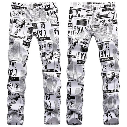 2026 Street Style Men’s Slim Stretch Jeans Trend Newspaper Full Print Personalized Stylish Sexy Denim Pants Men Casual Trousers