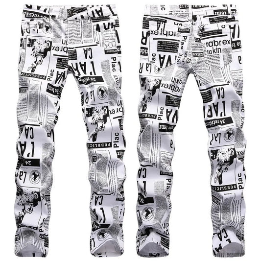 2026 Street Style Men’s Slim Stretch Jeans Trend Newspaper Full Print Personalized Stylish Sexy Denim Pants Men Casual Trousers