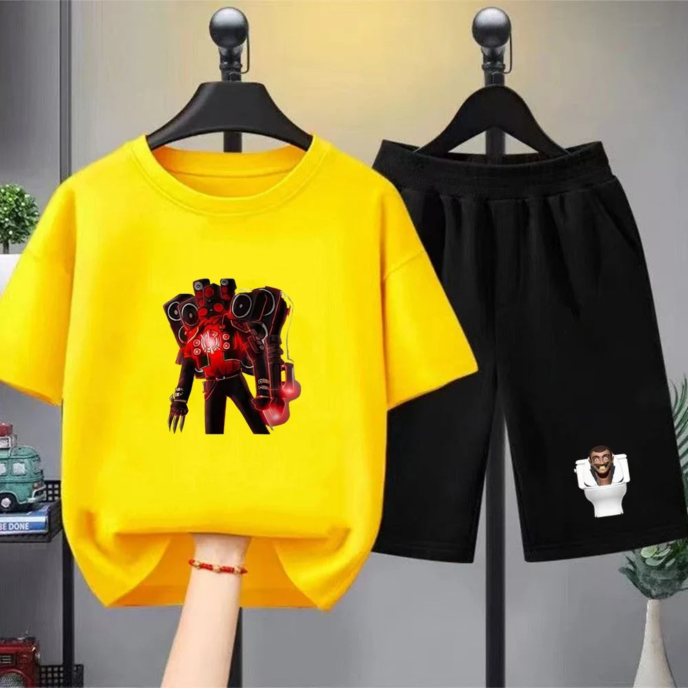Skibidi Toilet Children T-shirt+bottom wear Age 3-12 Girls boy Set black 2pcs Kids Set Print Summer Anime Toilet Monitor Tshirt