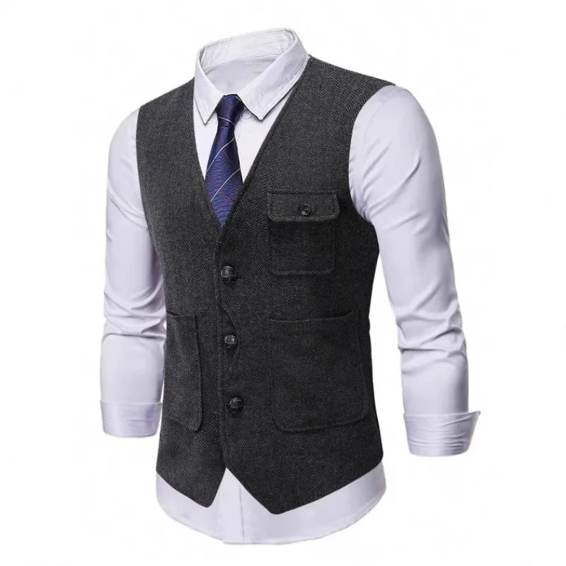 Suit Vest Man Vintage Single-breasted Pocket Male Waistcoat Slim V-neck Sleeveless Business Casual Versatile Men Vest