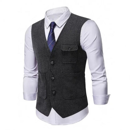 Suit Vest Man Vintage Single-breasted Pocket Male Waistcoat Slim V-neck Sleeveless Business Casual Versatile Men Vest