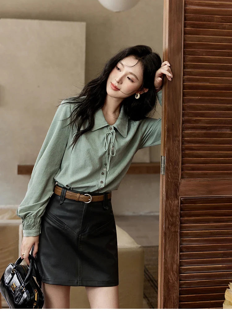 Vintage Green Blouse Women French Lapel Bow Lace-up Top 2025 Autumn Sweet Shirt Sleeve Outwear Commute Shirts MXD44C0337