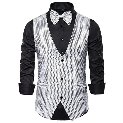 New Gold Sequin Vest Men's Single-breasted V-neck Sleeveless Vests Coat Wedding Party Waistcoat Silver Blue Purple Red Tops