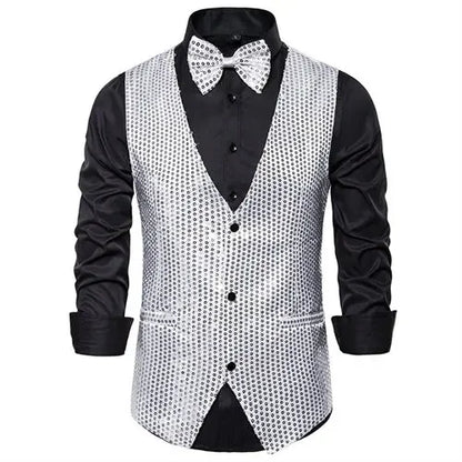 New Gold Sequin Vest Men's Single-breasted V-neck Sleeveless Vests Coat Wedding Party Waistcoat Silver Blue Purple Red Tops