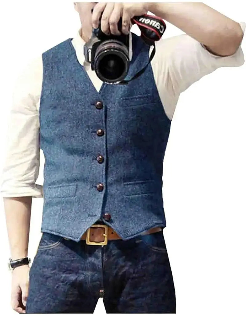 Vintage Men's Suit Vest V Neck Wool Herringbone Tweed Casual Classic Slim Fit Waistcoat Formal Business Wedding Groomsmen