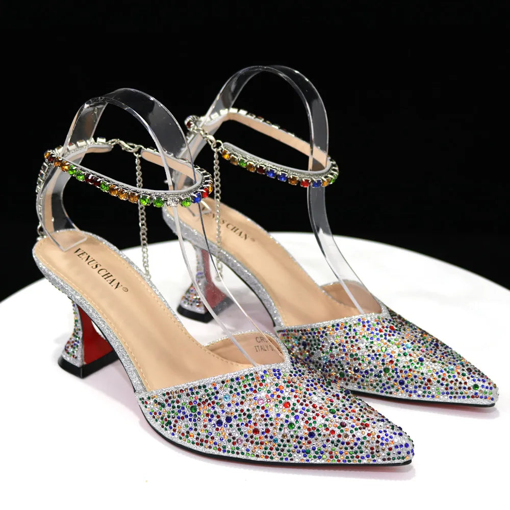 2023 Pointed Toe Heels Wedding Shoes for Women Bride Full Drilling Design Shoes With Matching Handbags for Ladies