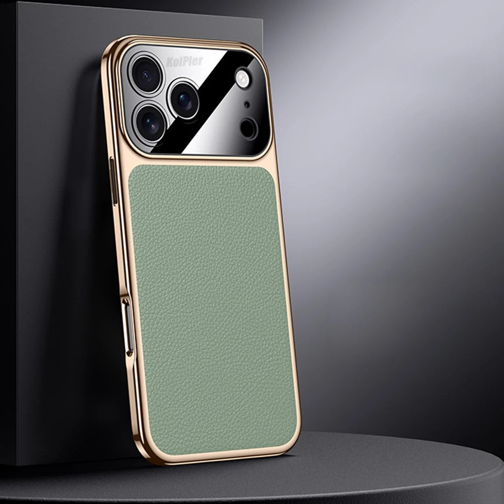Original Leather Case For iPhone 17 PRO MAX Plating Genuine cowhide Lichee Pattern Lens Protection Shockproof Hard Phone Cover