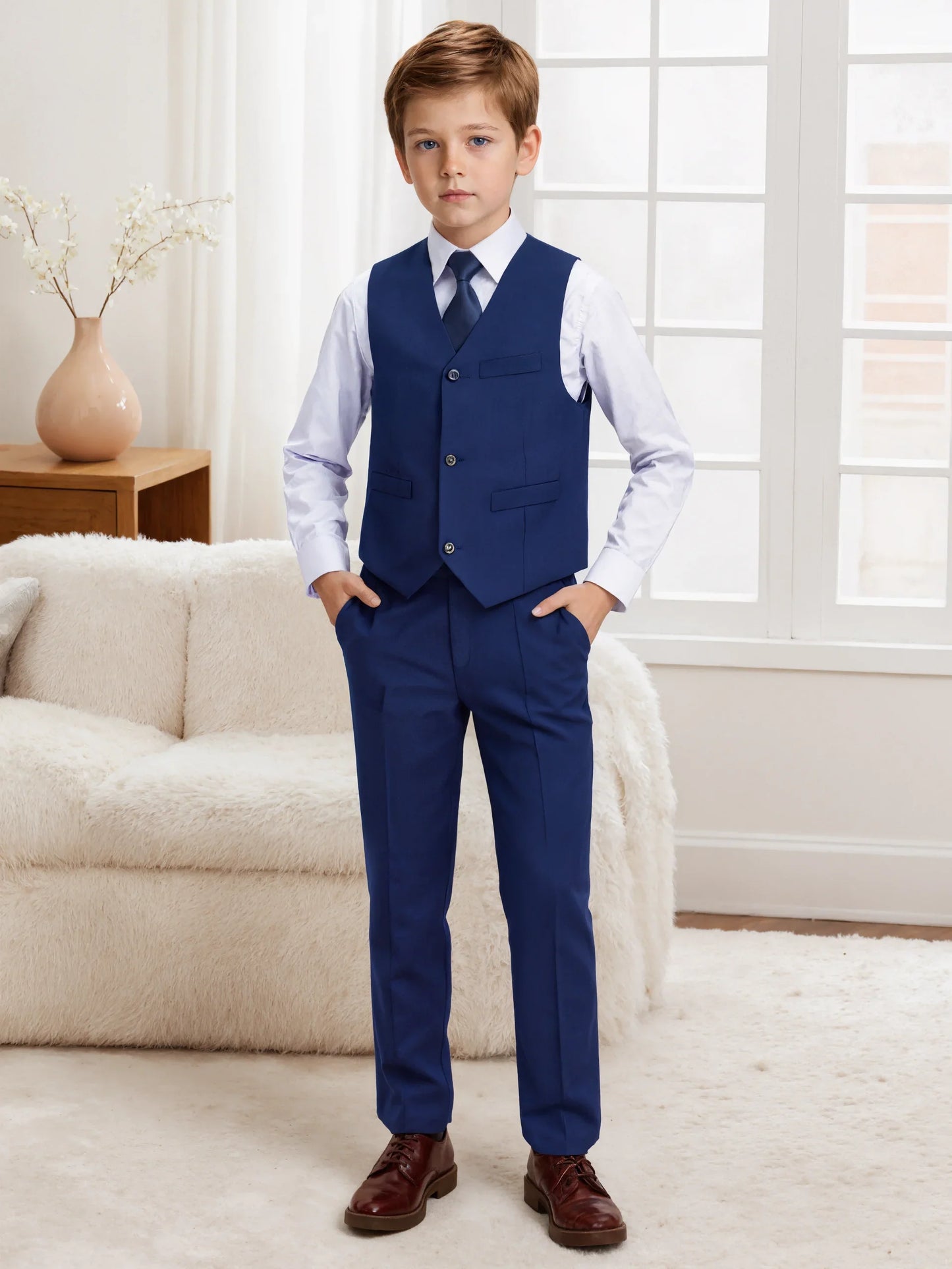 Boys' 2-Piece Suit Set with Vest and Formal Trousers Wedding Formal Attire Children's and Teenage Clothing Suit Sizes 4-16Y