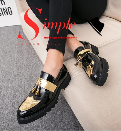 Fashion Golden Men's Casual Slip-On Tassel Patent Loafers Thick Bottom Elevator Shoes Men's Party Shoes Business Shoes Brogue