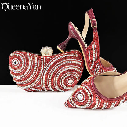 Nigerian Heel Party for Women Silver Color Shoes and Bag Set Rhinestone Handbag Italian Design Wedding INS 2025