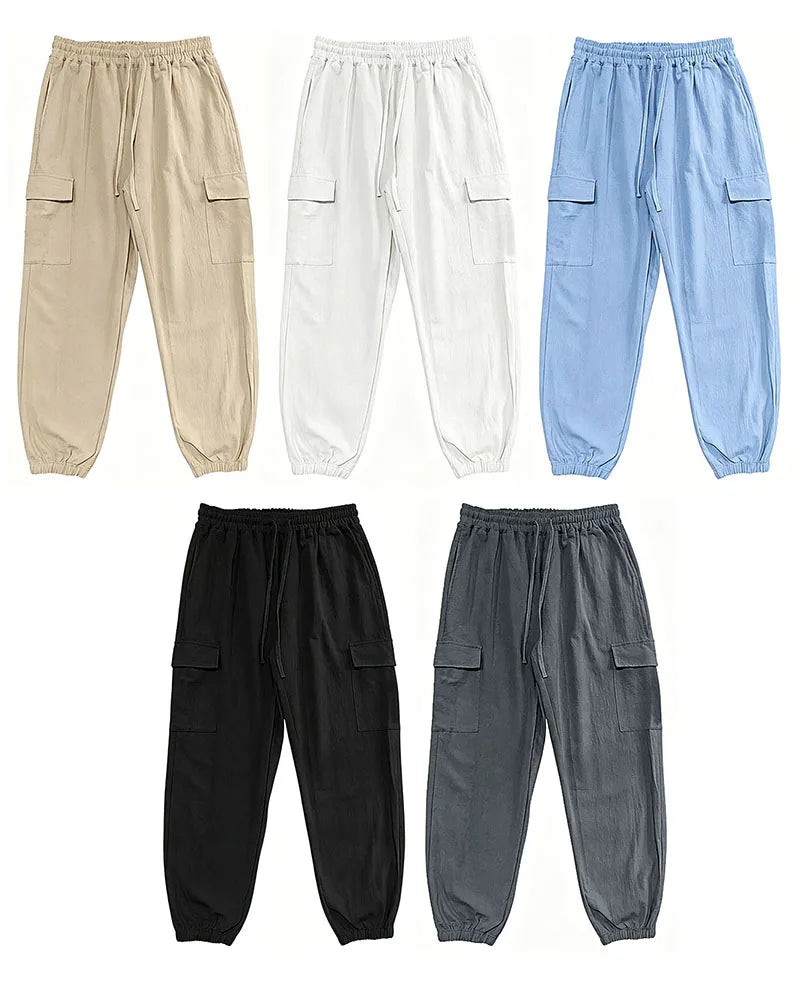 Men's Cotton Linen Blend Cargo Jogger Pants Elastic Waist Drawstring Multi Pockets Casual Breathable Streetwear Trousers for Men