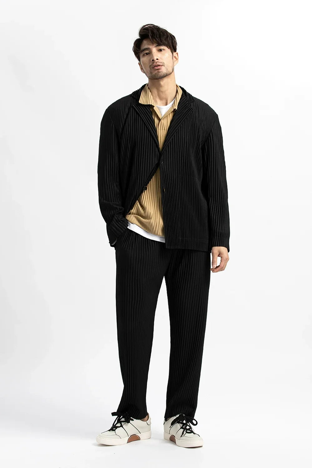 Pleated Blazer Black Suits For Men High Quality Casual Japanese Style Blazers Stretch Fabric Slim Fit Coat