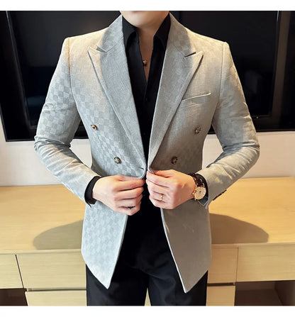 6 Color Luxury Double Breasted Blazers Coats 2024 New Fashion Checkered Business Slim Fit Social   Formal Suit Jacket 5XL-M