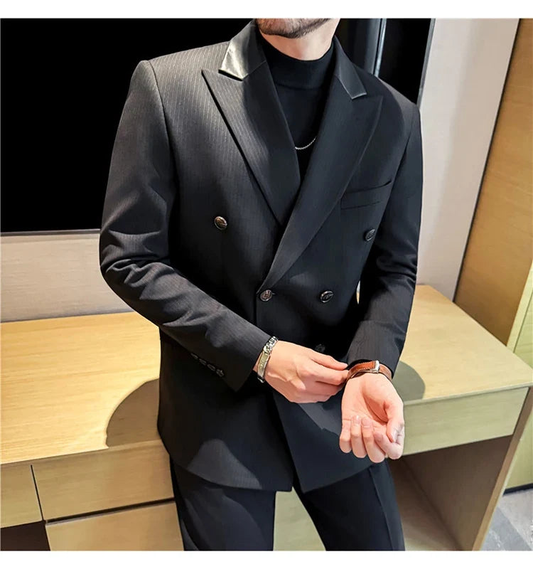 (1 Pcs Jackets) New Thicken Thicken Striped Casual Suit Jacket Fashion Splicing Leather Neck Men's Business Slim Blazers Tuxedos