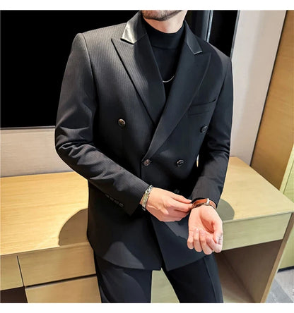 (1 Pcs Jackets) New Thicken Thicken Striped Casual Suit Jacket Fashion Splicing Leather Neck Men's Business Slim Blazers Tuxedos