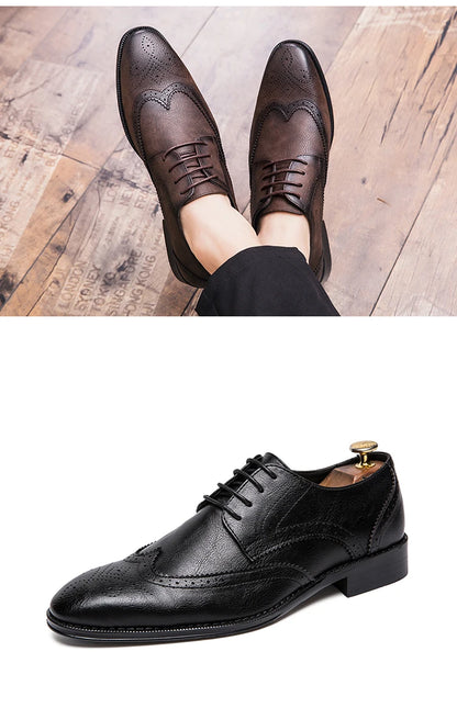 Lace-up casual leather shoes Men's wedding carved Brogues men's formal business pointed shoes Groom's leather shoes