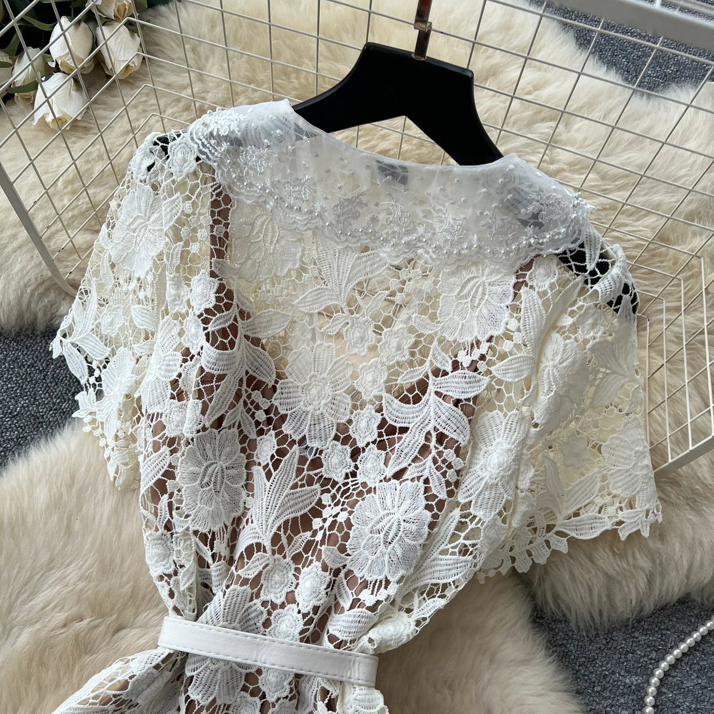Classy Vintage Flower Lace Dress Office Lady Hollow Out Sashes Short Sleeve Bodycon French Senior Straight Long Dress