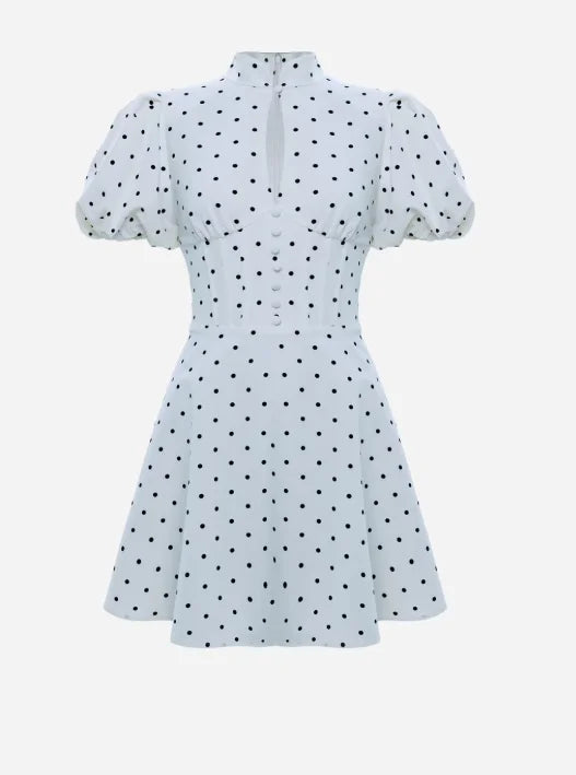 Retro Polka Dot Mini A-line Dress Elegant Stand Collar Puff Short Sleeve Waist-cinching Dresses 2026 New Lady Party Gowns
