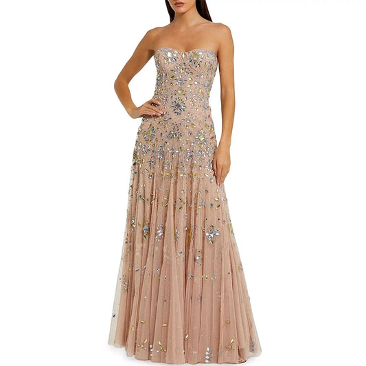 Luxury Champagne Tulle Evening Dress Classic Sweetheart Sleeveless Celebrity Gowns Delicate Crystal Customized Party Dresses