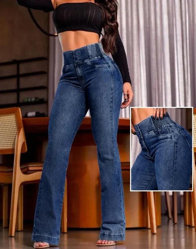 2025 autumn winter  Elegant High Waist Button Front Casual Female Jeans Sexy  Fashion Back Shirred Trouser Bottom