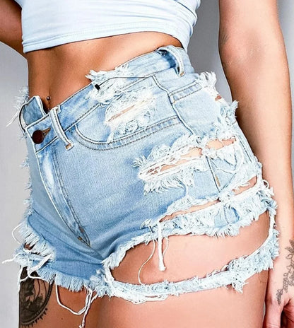 Women Sexy Denim Shorts with Pockets Frayed Ripped Holes Cute Sexy Hot Mini Irregular Waist Jean Shorts