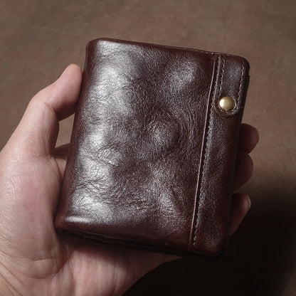 Retro Genuine Leather Short Wallet Men and Women Bifold Money Clip Credit Card Holder with Zipper Coin Pocket Small Purse