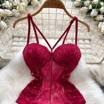 Sexy Lace Push Up Bodysuit See Through Mesh Patchwork Sleeveless Slim Thin One Pieces Elegant Women's Strappy Lingerie