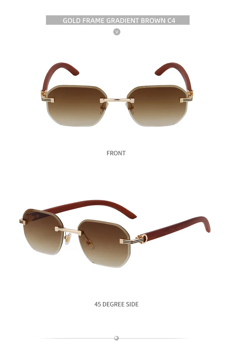 2026 Wooden Rimless Sunglasses Women Trendy Vacation Sunscreen Square Sunglass Men Luxury Vintage Retro Fashion Glasses Occhiali