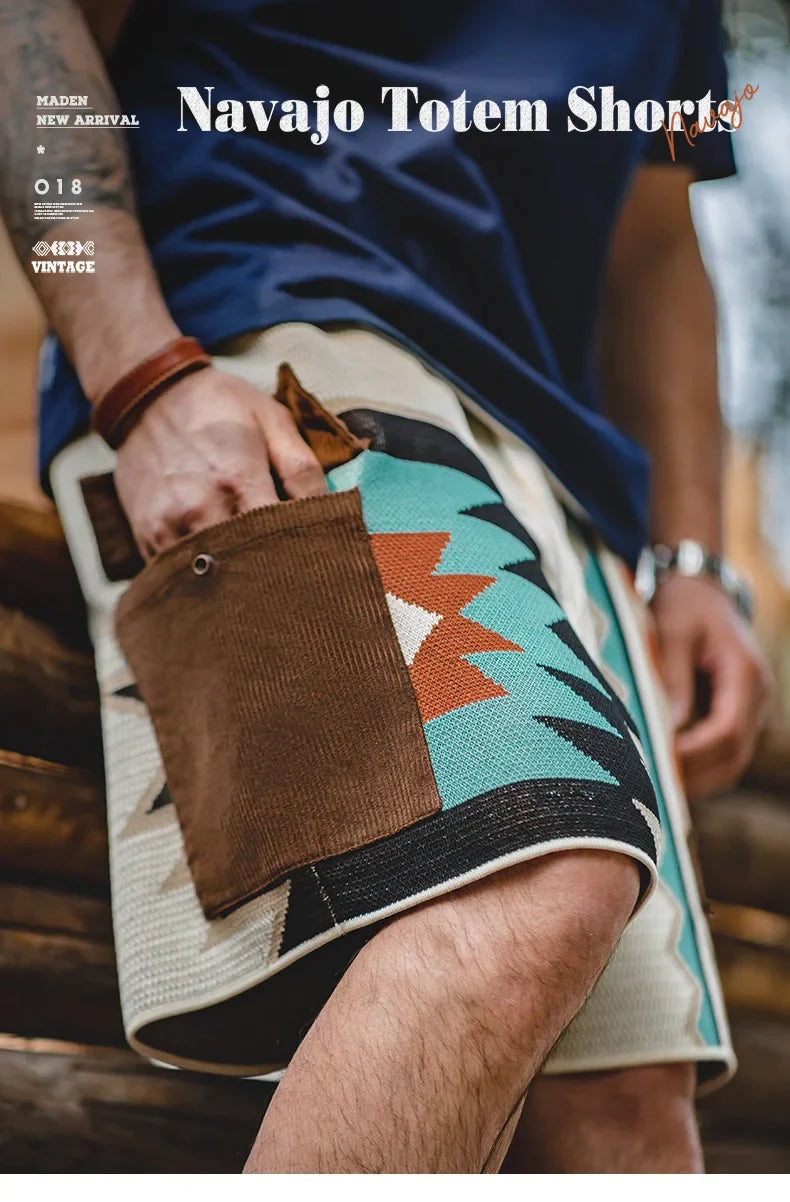 Navajo Totem Knitted Shorts Men's  Elastic Waist Casual Shorts with Corduroy Pocket Summer Beach Breathable Short Pants