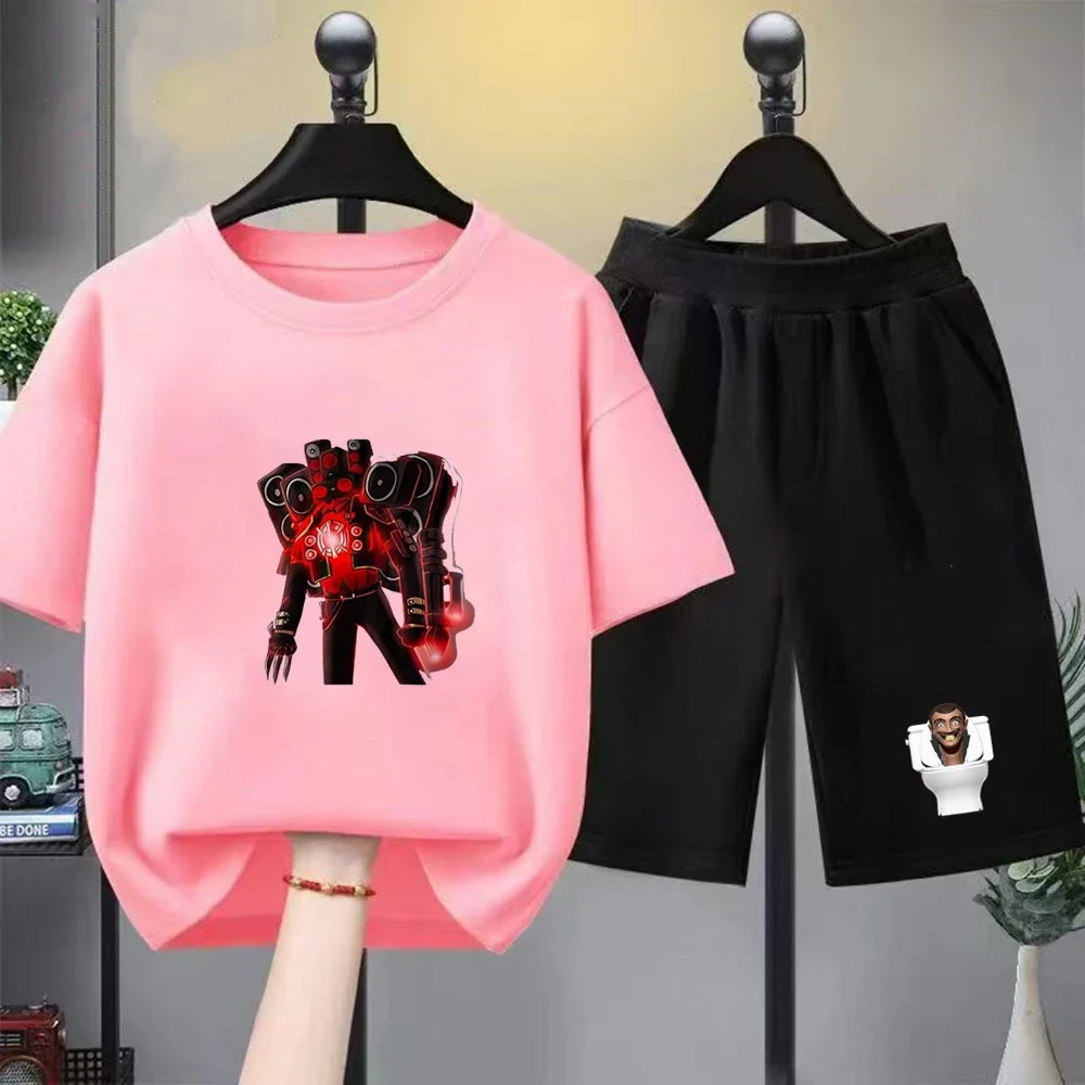 Skibidi Toilet Children T-shirt+bottom wear Age 3-12 Girls boy Set black 2pcs Kids Set Print Summer Anime Toilet Monitor Tshirt