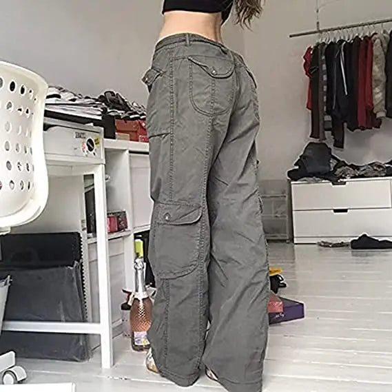 Women's Pants Gothic Punk Baggy Vintage Kawaii Trousers Bandage Low Waist Cargo Pants Grunge Green Zipper Jeans Korea Sweatpants