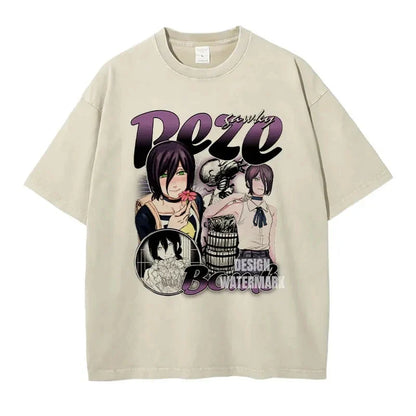 Anime C-Chainsaw M-Man T Shirts Oversized Vintage Washed Denji T-shirt Manga Power T Shirt Pochita Makima Reze Tops Tees man