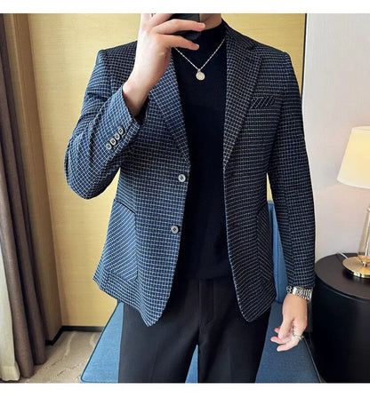 Men's Elegant Grid Suit Jacket 2026 Spring New Fashion Slim Blazer Jackets Social Prom Dress Jacket Men's High Quality Clothing