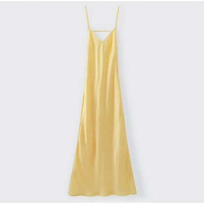 Yellow Satin Sling Dress Women Elegant V Neck Sleeveless Backless High Waist Maxi Dresses 2025 Summer Lady Party Evening Robes