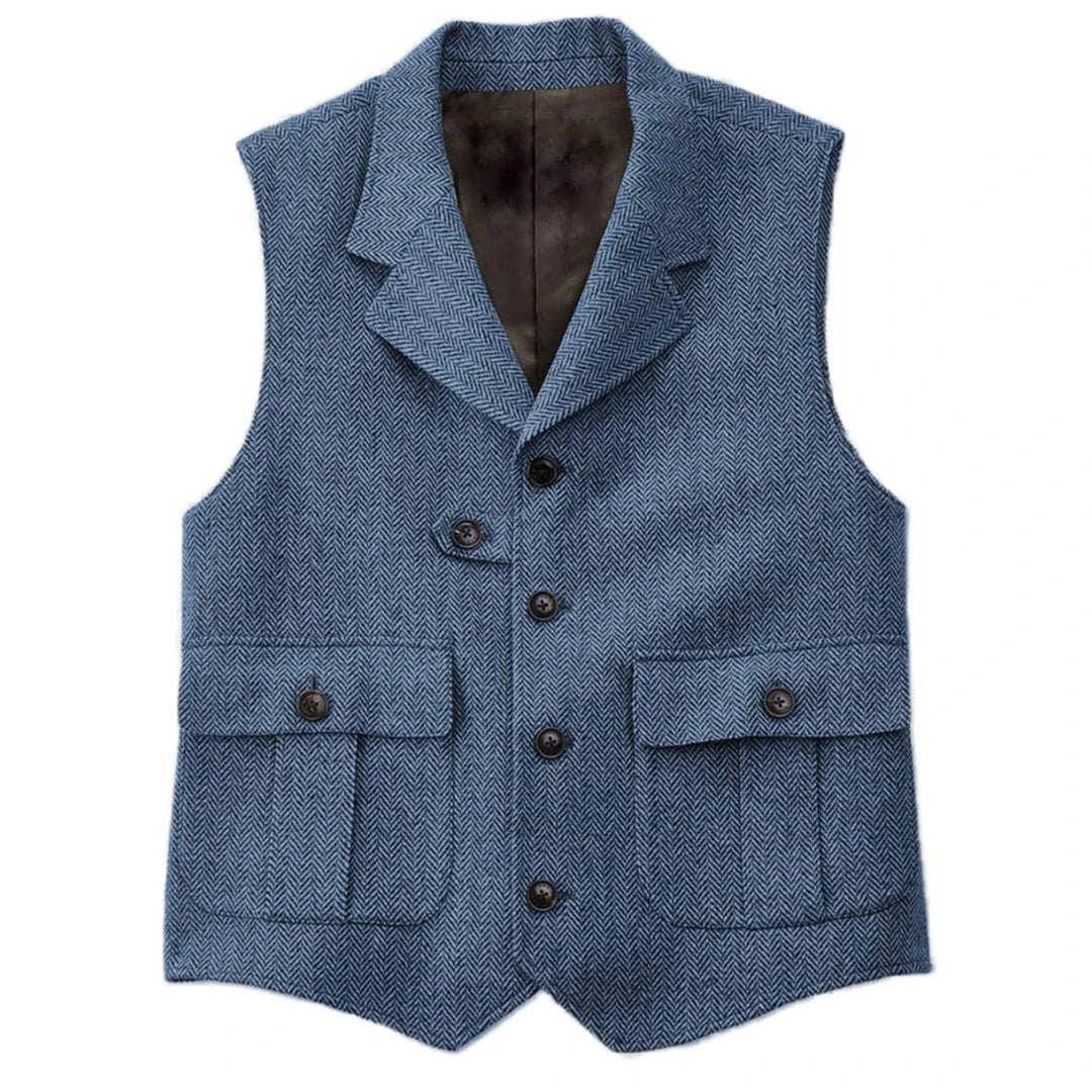 Men Vest Blue Herringbone With Lapel Single Button Waistcoat For Wedding Birthday Banquet Business Casual Work Men Suit Vest