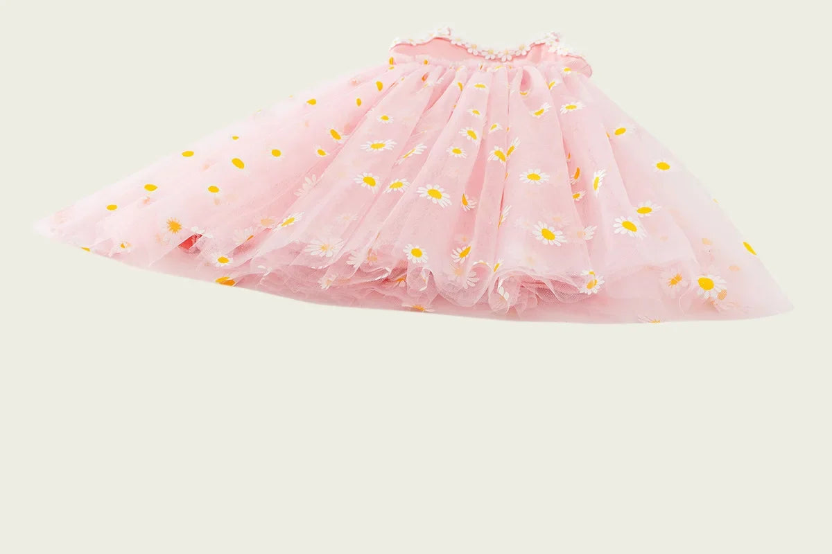 Girls Casual Dresses Little Daisy Flower Mesh Dress for Girls Summer Camisole Pompadour Dress Girls Clothes for2 To 7 Years