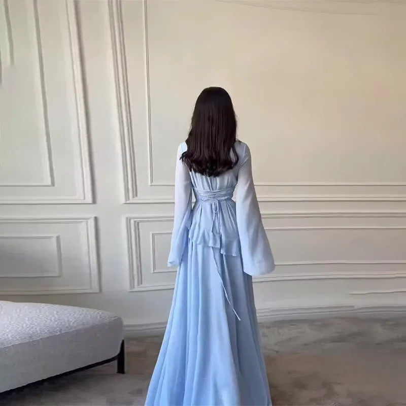 Women Chiffon Solid Ruffled Dress Flare Sleeve Round Neck 2025 New Elegant Maxi Gown Evening Party Fashion Holiday Lady